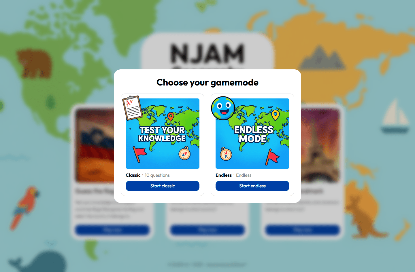 NjamGeography project menu screenshot